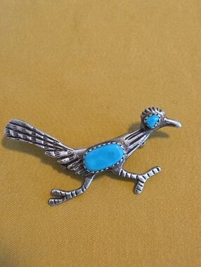 Vintage Navajo Southwestern Silver and Turquoise Roadrunner Pin/Brooch.